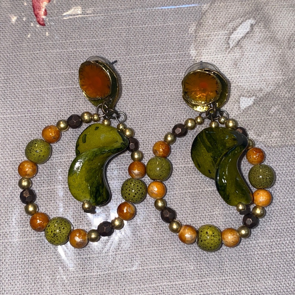 Green and Orange Beaded Hoop Wooden Earrings